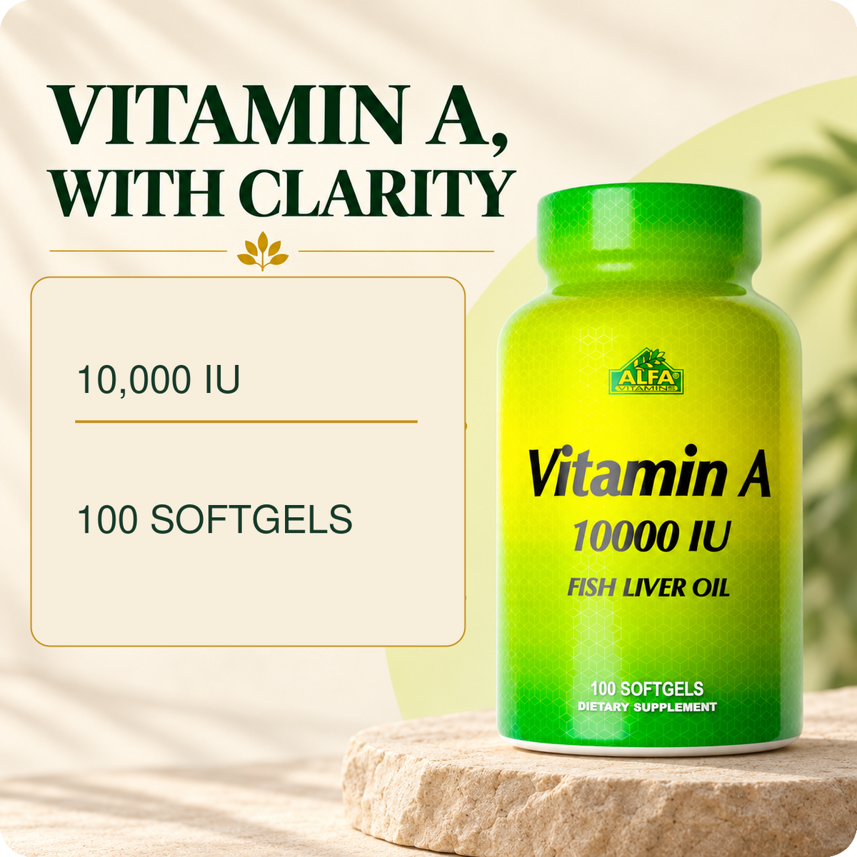 Alfa Vitamins Vitamin A Fish Liver Oil 100 softgels identity card