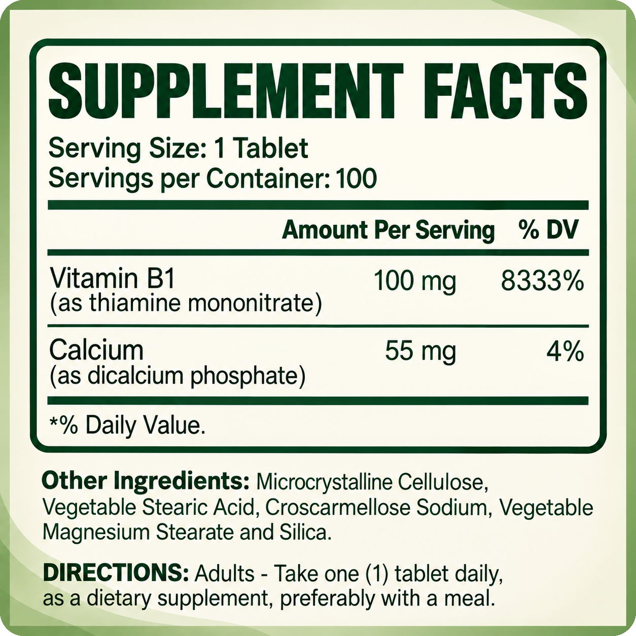 Vitamin B1 100 mg supplement facts card