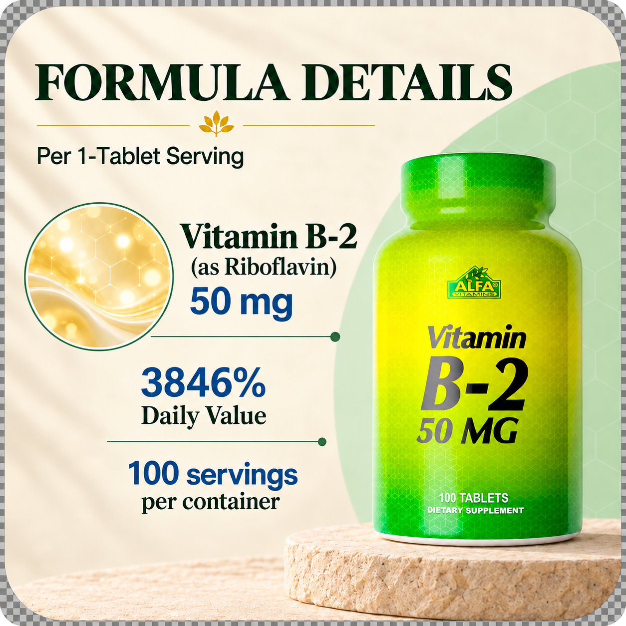 Vitamin B2 formula: 50 mg riboflavin per tablet.