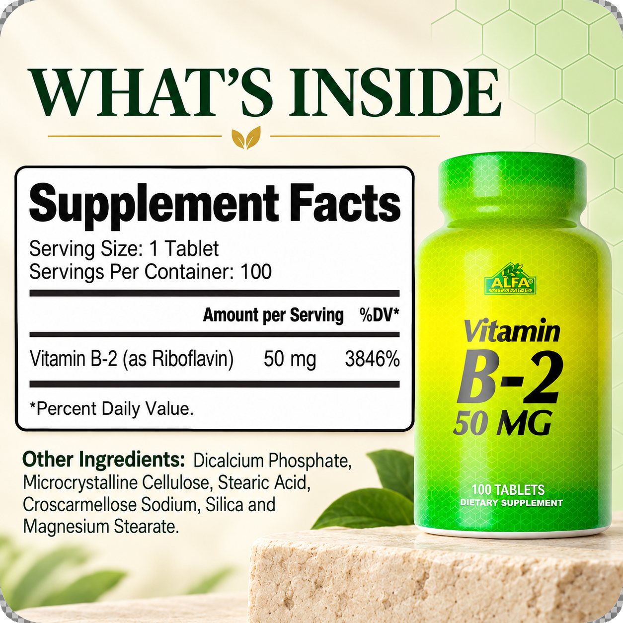 Vitamin B2 Supplement Facts, ingredients, and directions.