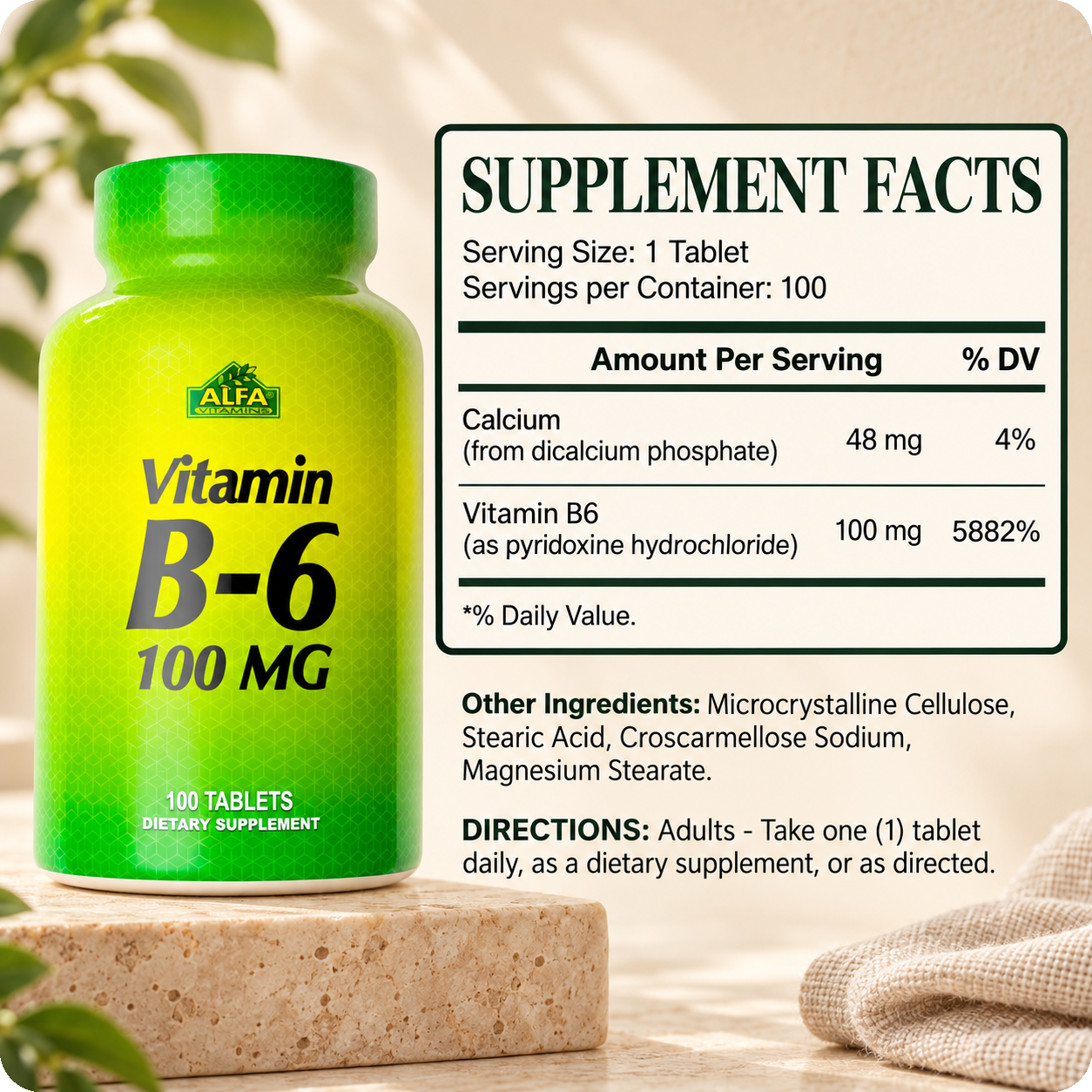 Vitamin B6 Supplement Facts, other ingredients, and directions.