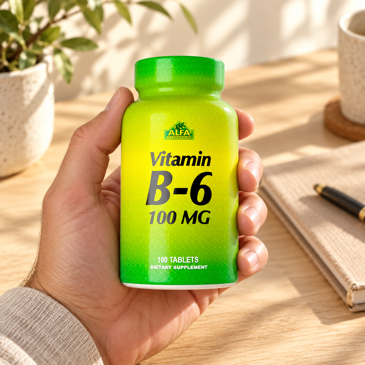 Vitamin B6 100 mg closed package held in an adult hand