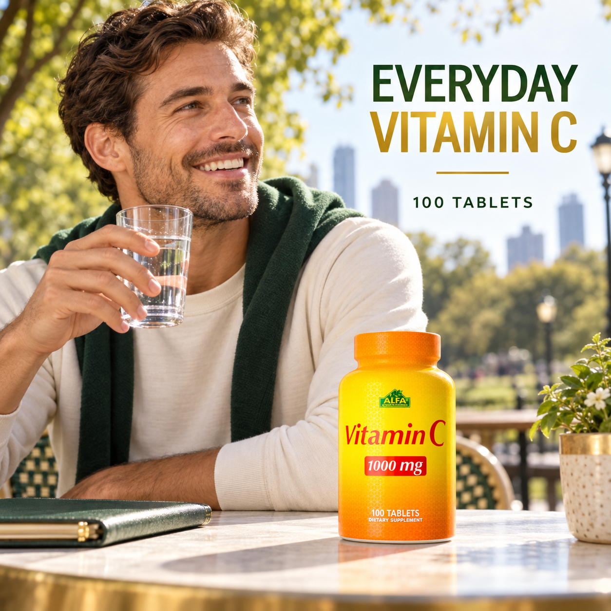 Alfa Vitamins Vitamin C 1000 mg bottle in a realistic active-day lifestyle scene.