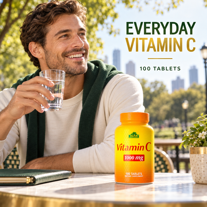 Alfa Vitamins Vitamin C 1000 mg bottle in a realistic active-day lifestyle scene.