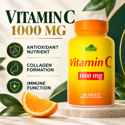 Alfa Vitamins Vitamin C 1000 mg benefits: antioxidant nutrient, collagen formation and immune function.