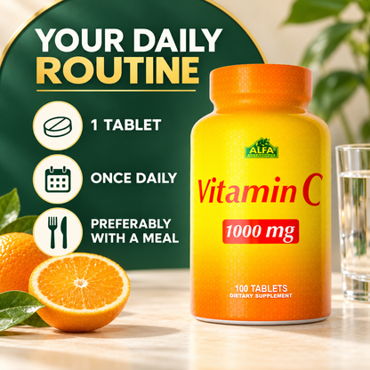 Vitamin C routine: adults take one tablet daily, preferably with a meal.