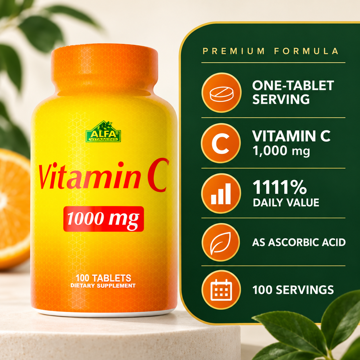 Vitamin C 1000 mg formula: one tablet serving, 1111% Daily Value, 100 servings.