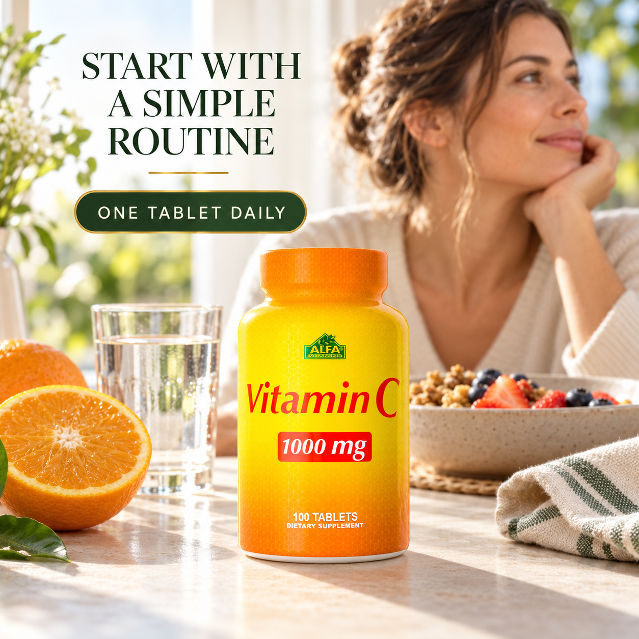 Alfa Vitamins Vitamin C 1000 mg bottle in a bright morning breakfast routine.