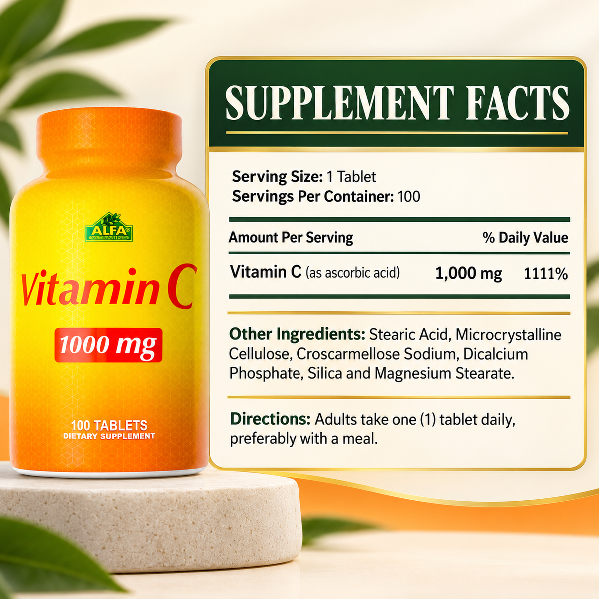 Vitamin C Supplement Facts: 1000 mg as ascorbic acid per tablet, 100 servings.