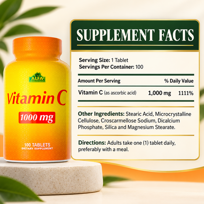 Vitamin C Supplement Facts: 1000 mg as ascorbic acid per tablet, 100 servings.