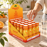 Hand reaching for a white-cap Alfa Vitamin C Shot in the full 20-pack display on a kitchen counter