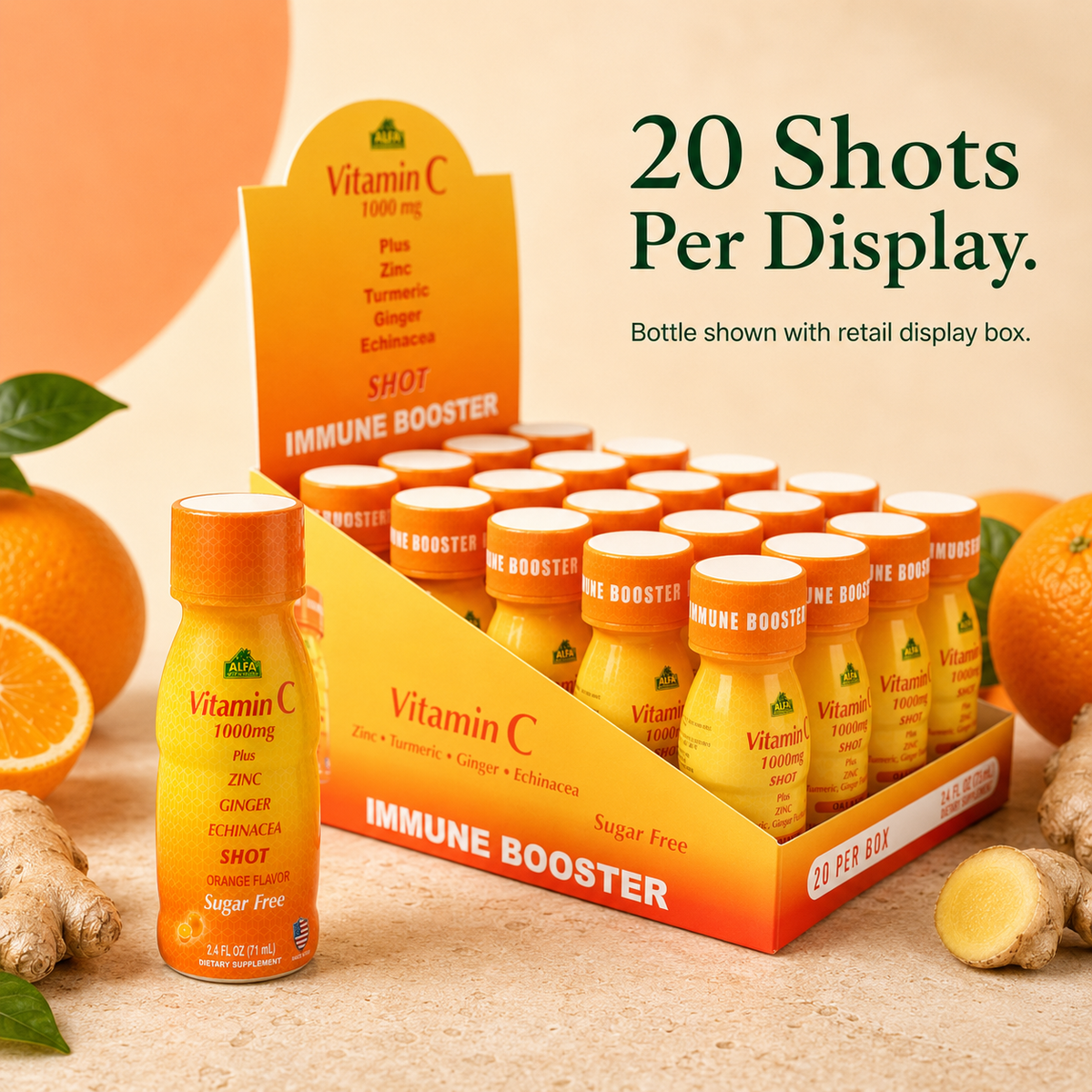 Alfa Vitamin C Shot 20-pack retail display with one individual bottle.