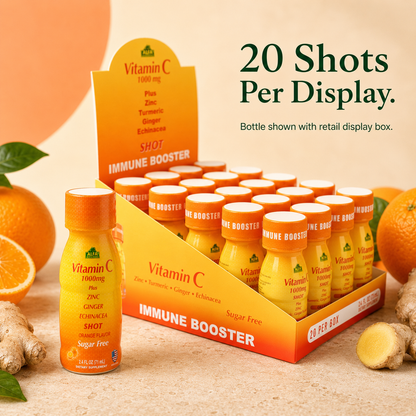 Alfa Vitamin C Shot 20-pack retail display with one individual bottle.