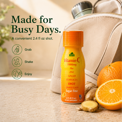 Alfa Vitamin C Shot beside a travel bag for busy days.