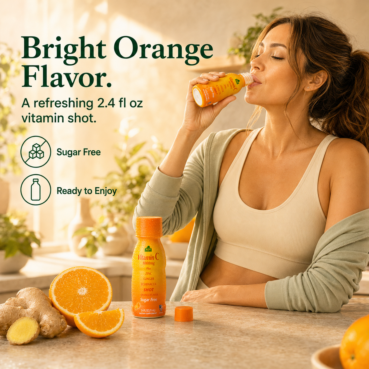Woman enjoying an Alfa Vitamin C Shot in a bright kitchen.