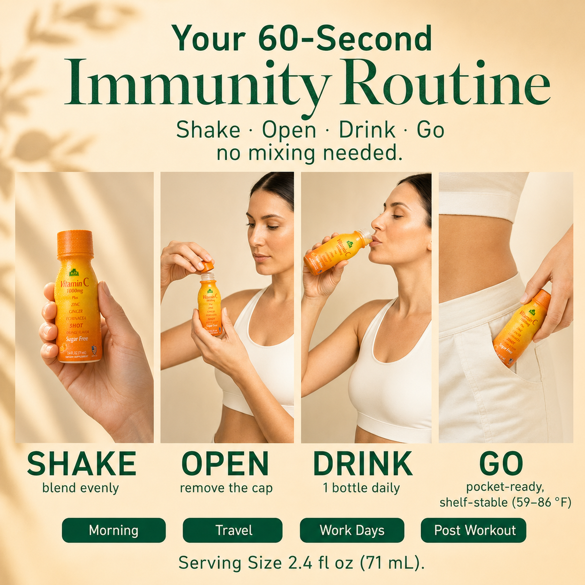 Four-step Alfa Vitamin C Shot routine: shake, open, drink and go.