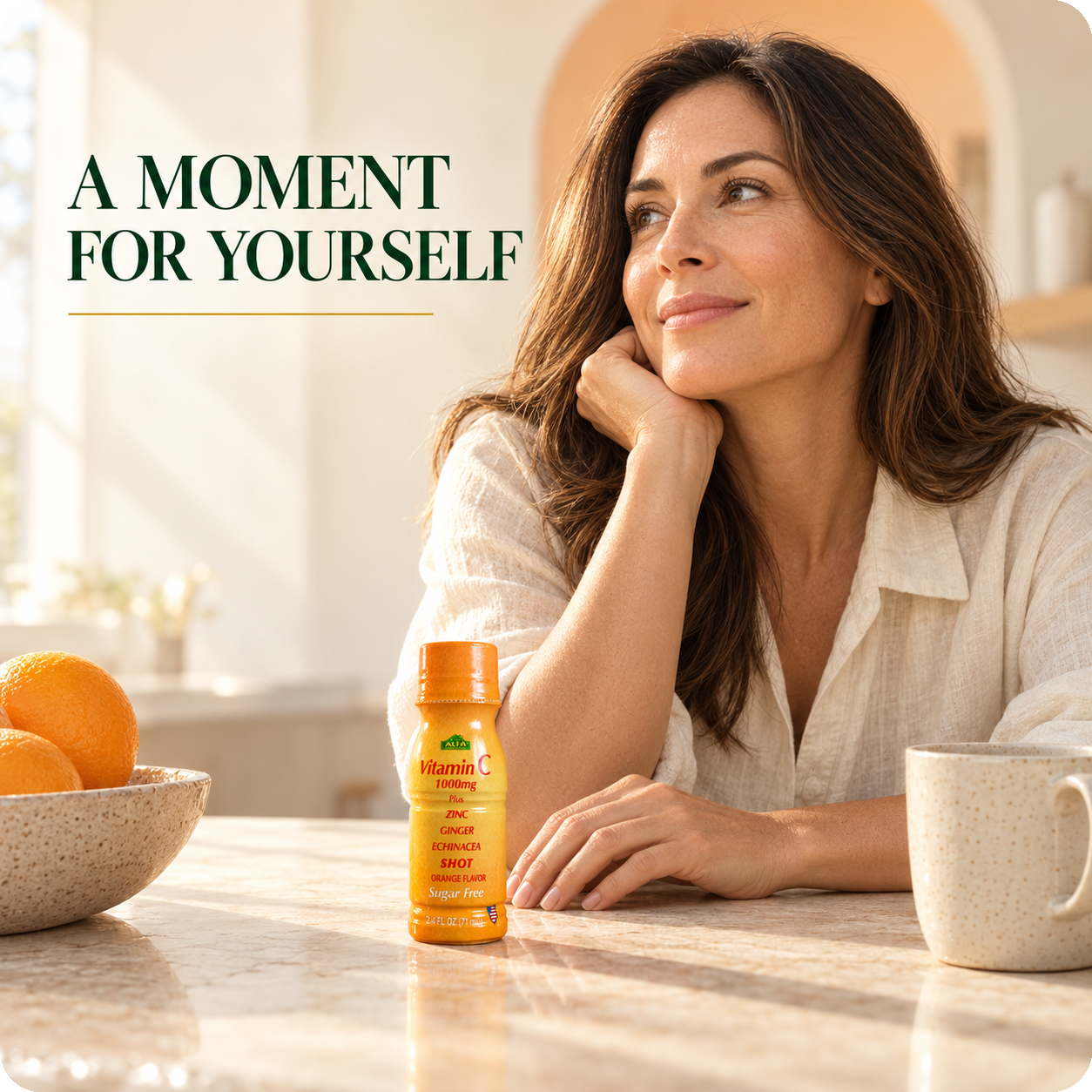 Woman beside a single Vitamin C Shot in a warm kitchen