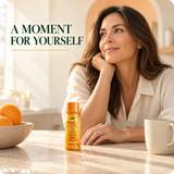 Woman beside a single Vitamin C Shot in a warm kitchen