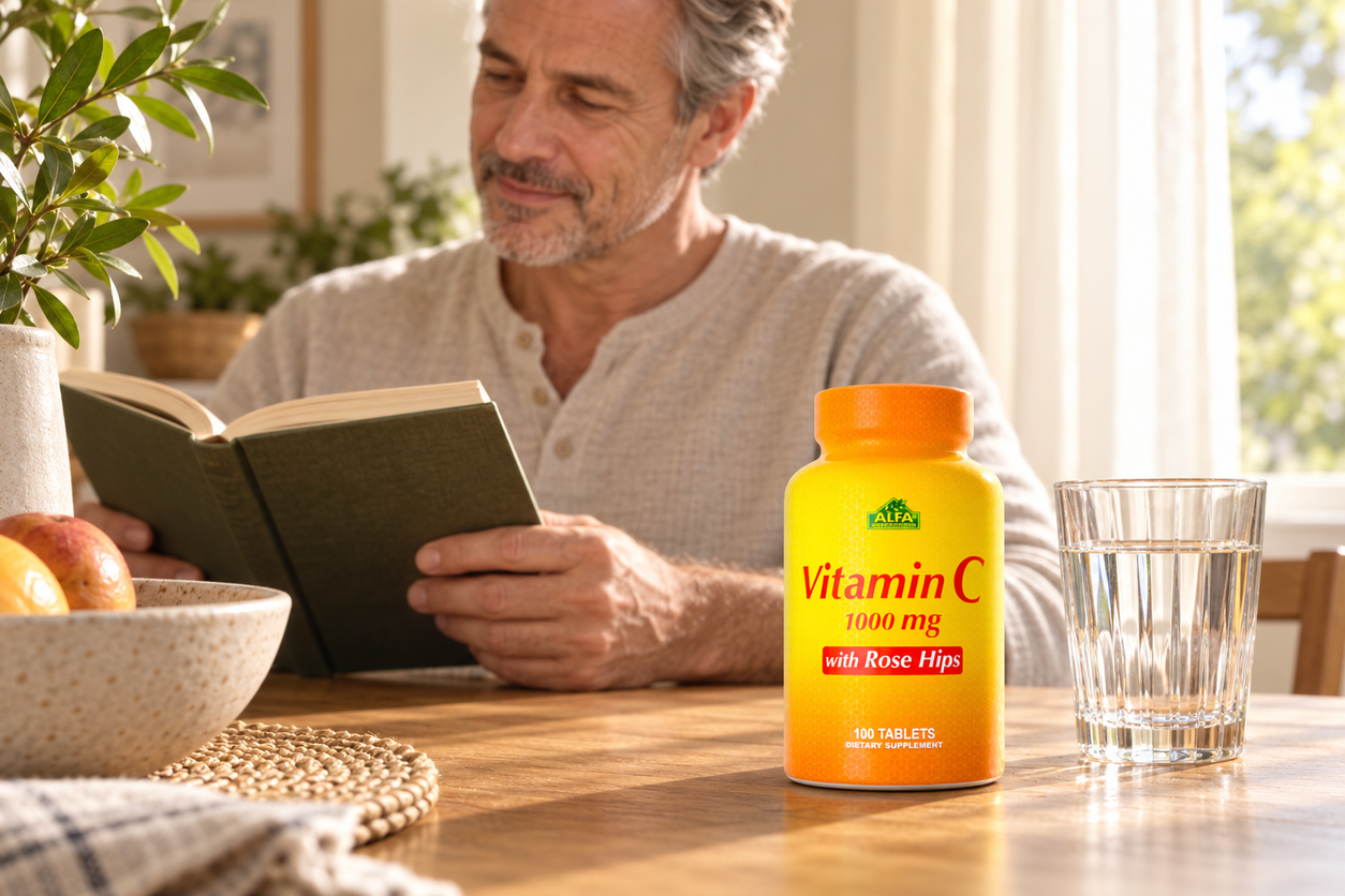 Vitamin C with Rose Hips in a 100-tablet bottle — natural lifestyle photograph