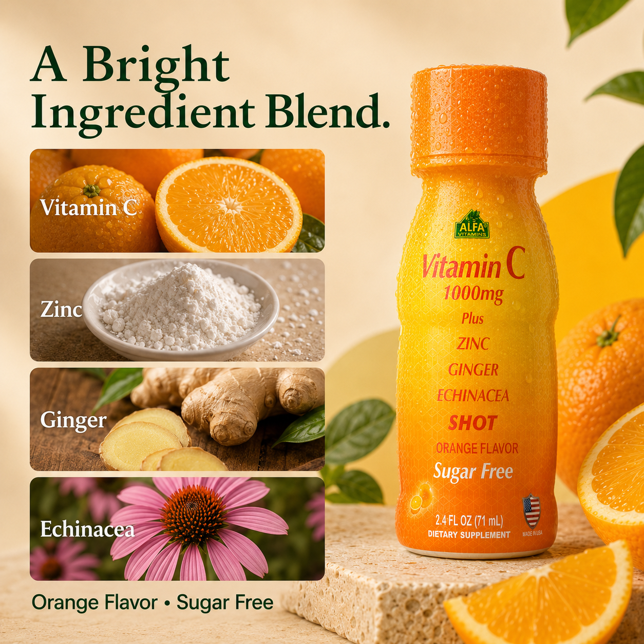 Alfa Vitamin C Shot ingredient blend: Vitamin C, zinc, ginger and echinacea; orange flavor, sugar free