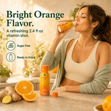 Bright orange flavor — woman enjoying an Alfa Vitamin C Shot in a sunlit kitchen