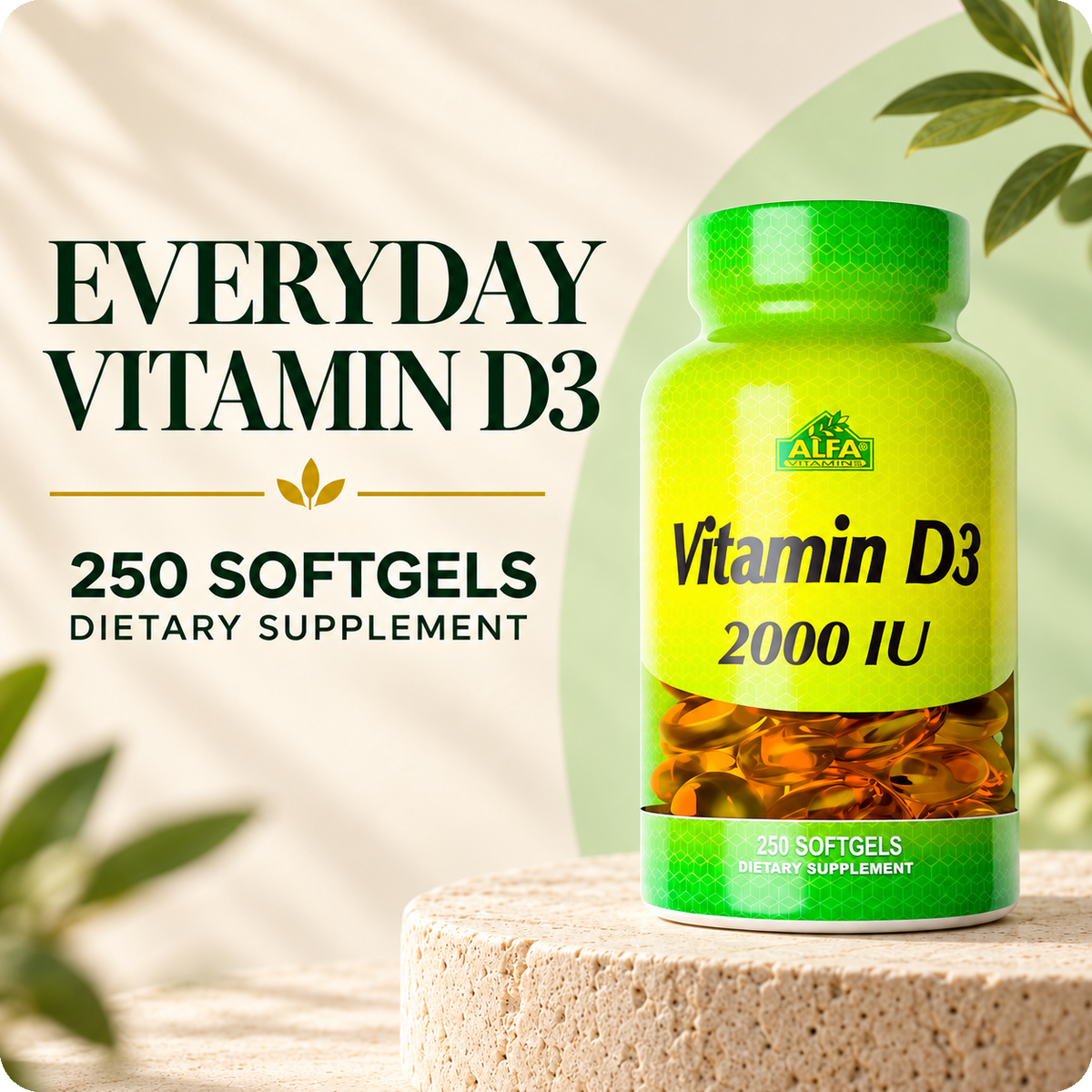 Alfa Vitamins Vitamin D3 2000 IU 250 softgels identity card