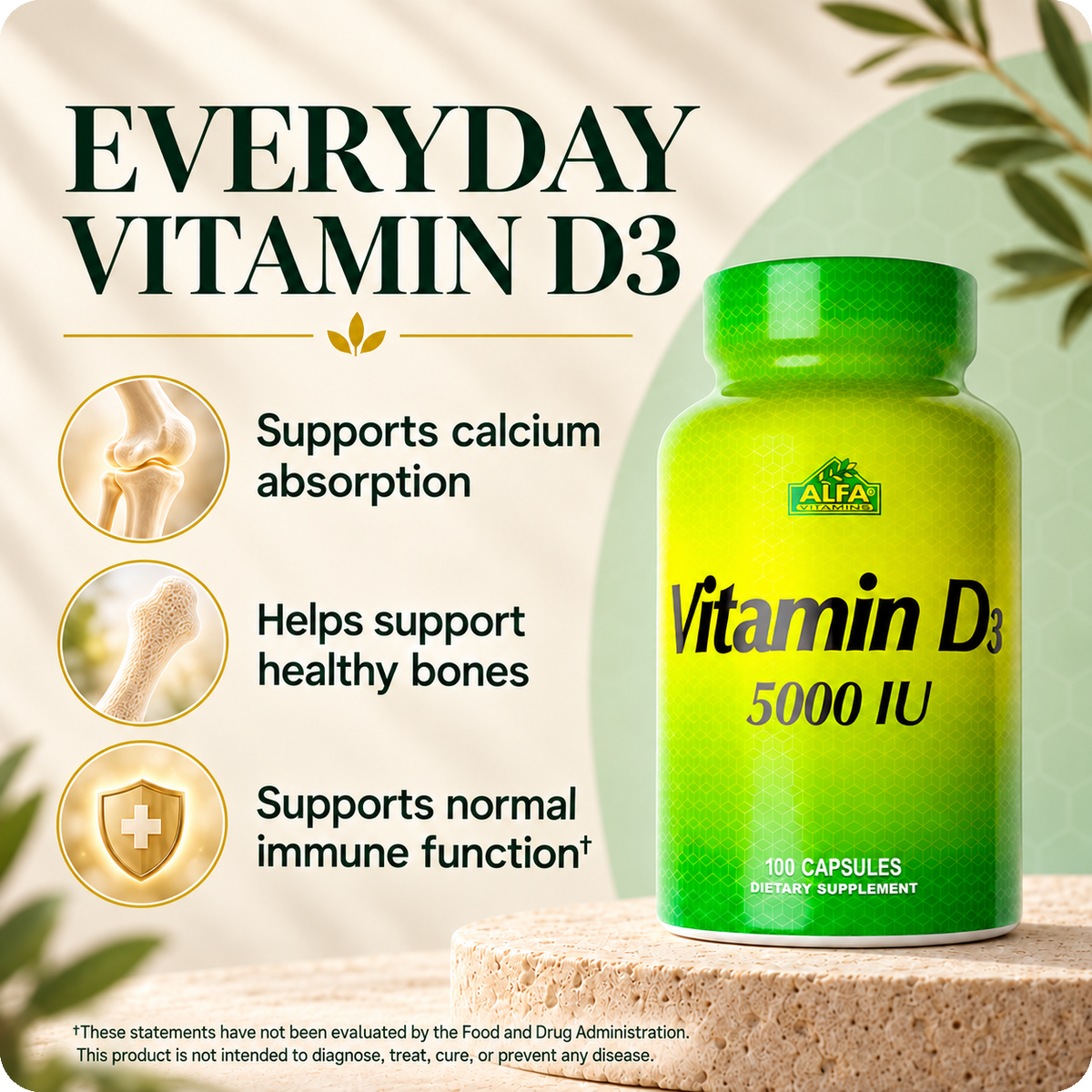Vitamin D3 5000 IU, 100 capsules — daily formula overview