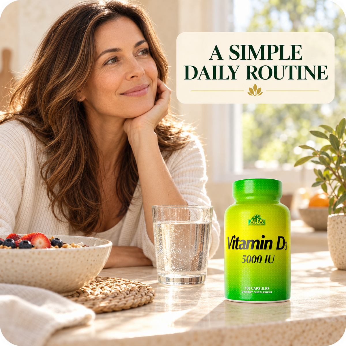 Vitamin D3 5000 IU bottle in a natural morning routine