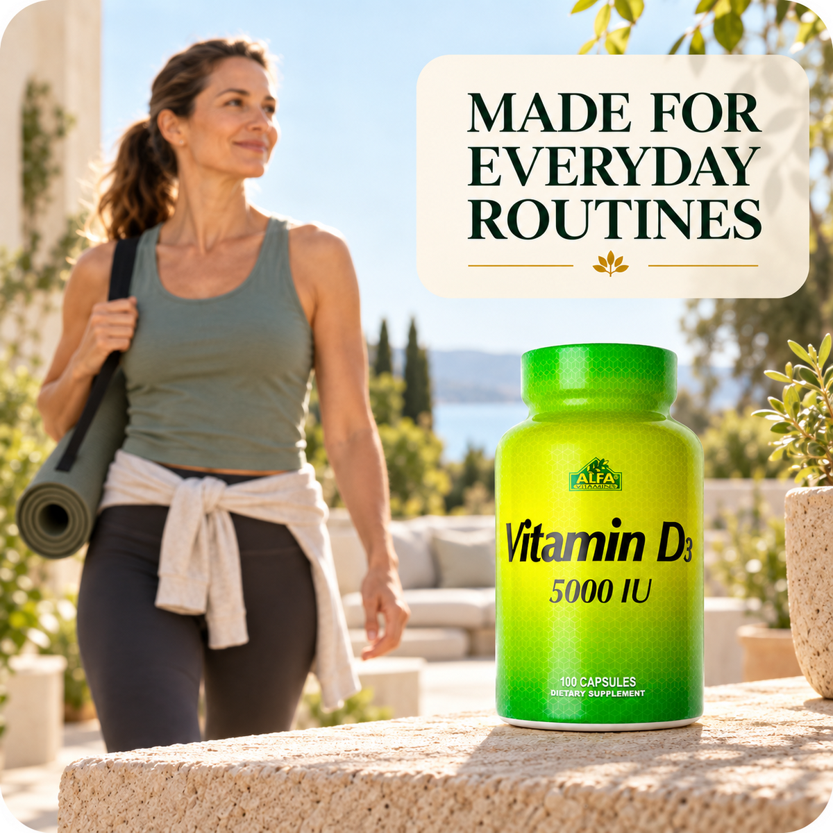 Vitamin D3 5000 IU bottle in an outdoor everyday routine