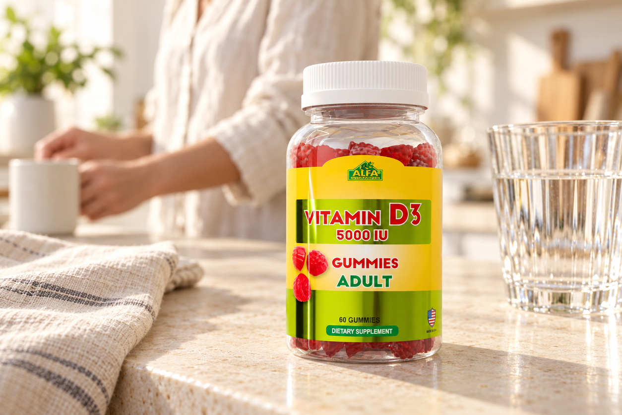 Vitamin D3 5000 IU Adults - 60 Gummies in a warm everyday setting