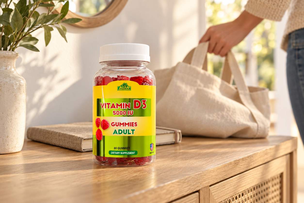Vitamin D3 5000 IU Adults - 60 Gummies in a warm everyday setting