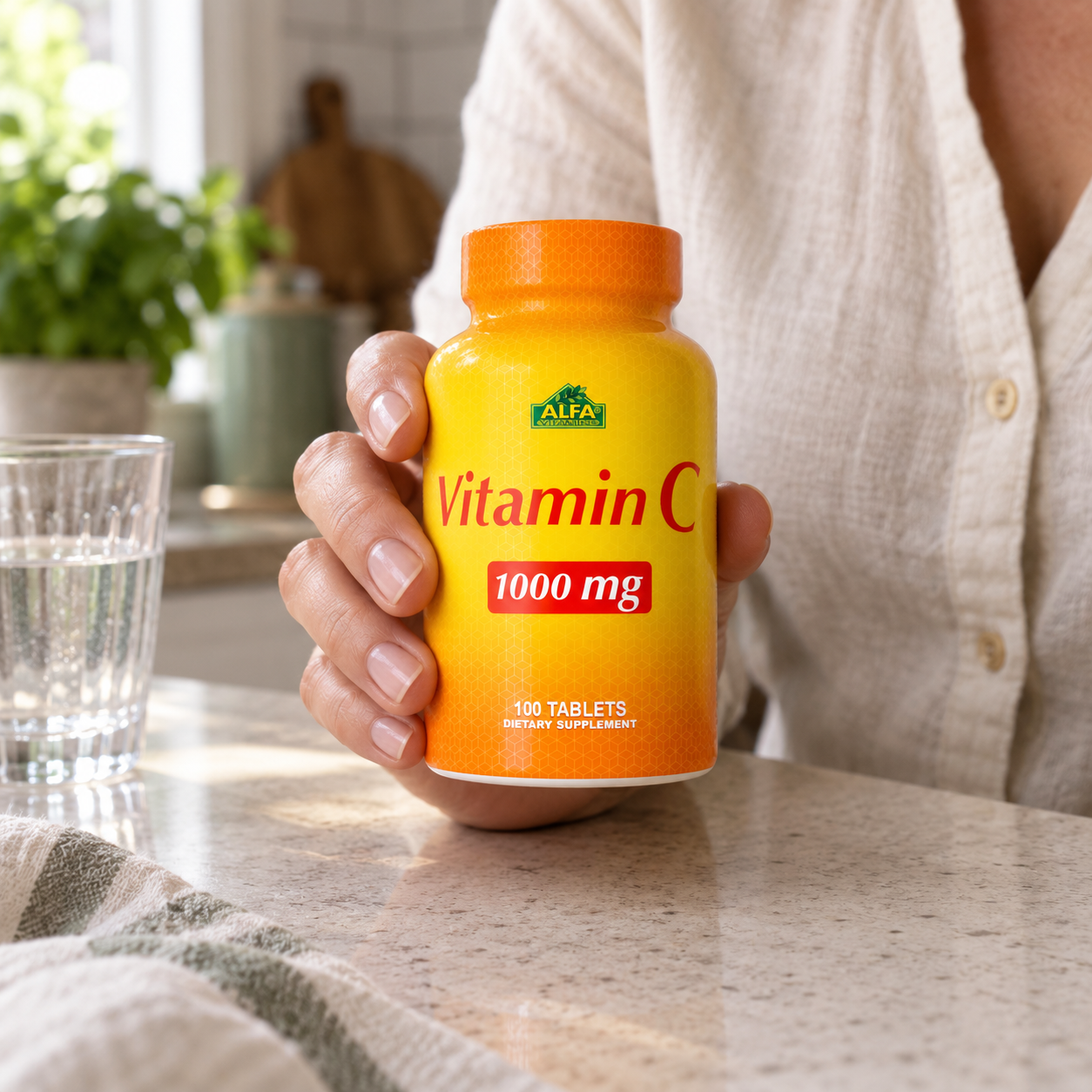 An adult hand holding the Alfa Vitamin C bottle