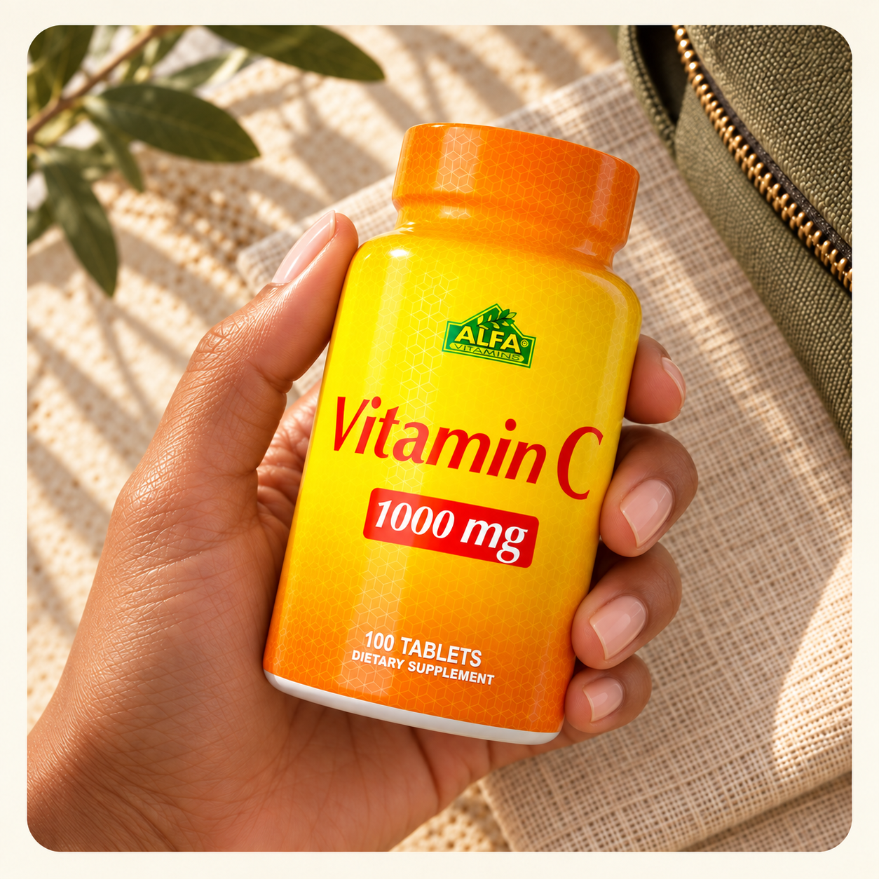 An adult hand holding the Alfa Vitamin C bottle