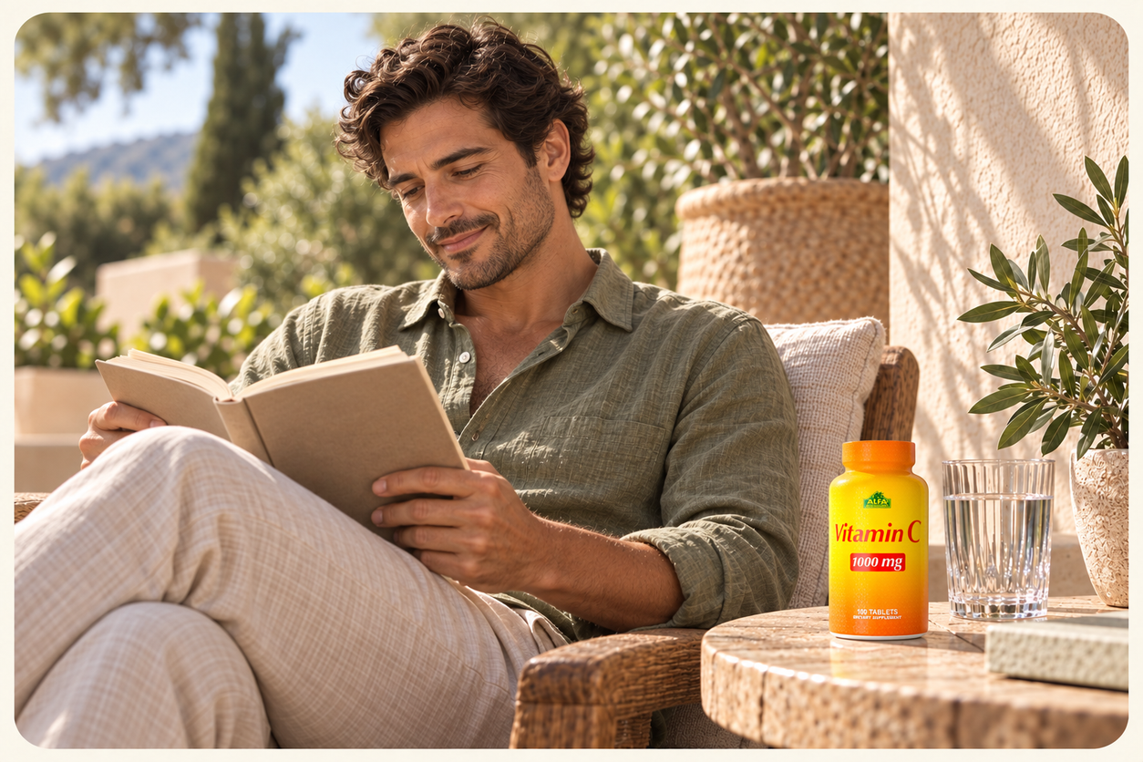 An adult man reading on a sunlit terrace with Alfa Vitamin C on the side table