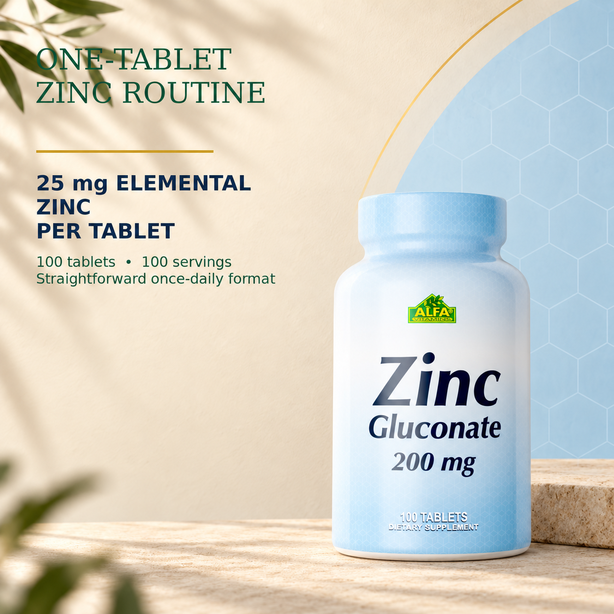 Zinc Gluconate 200 mg — 25 mg elemental zinc per tablet and 100 servings