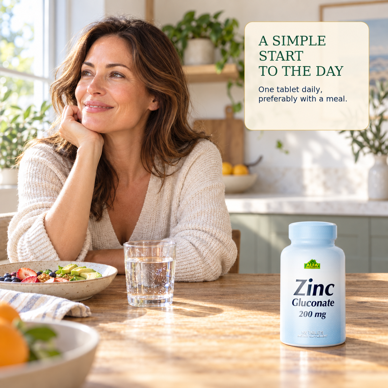Zinc Gluconate 200 mg — simple one-tablet morning routine with a meal