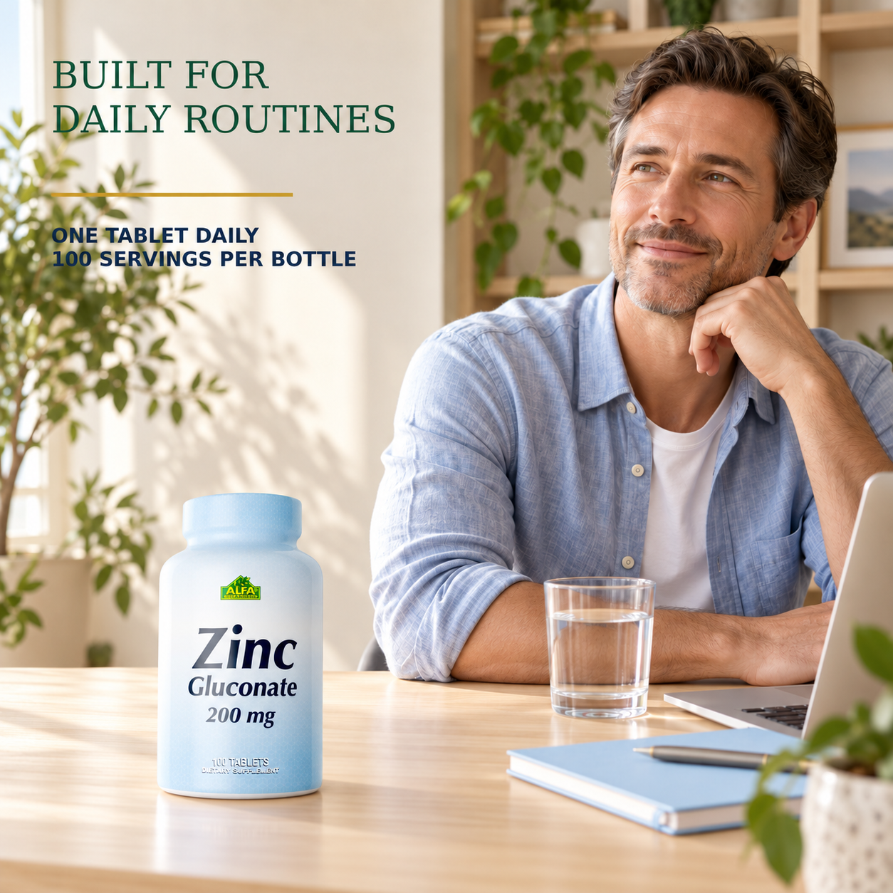 Zinc Gluconate 200 mg — one tablet daily and 100 servings per bottle