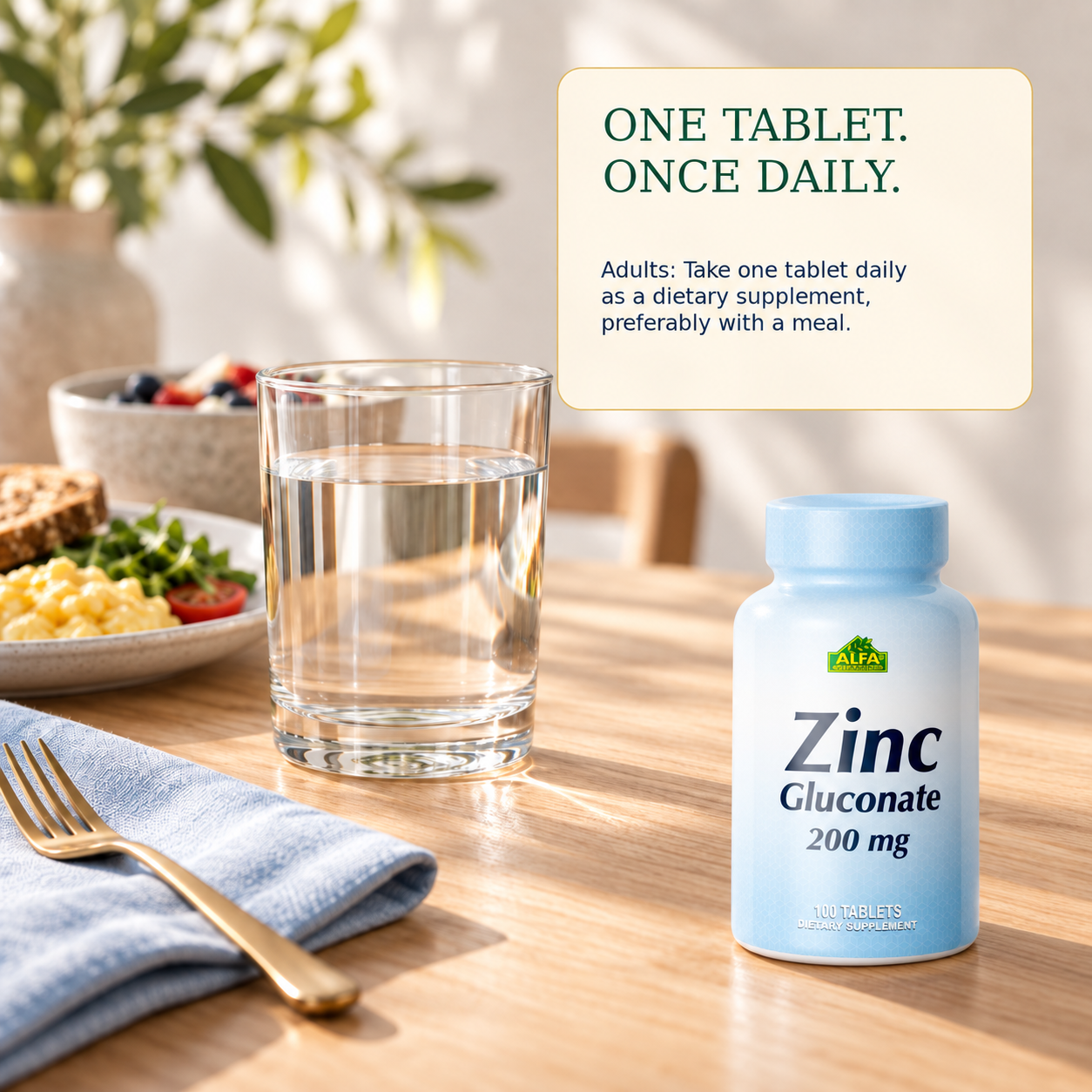 Zinc Gluconate directions — adults take one tablet daily preferably with a meal