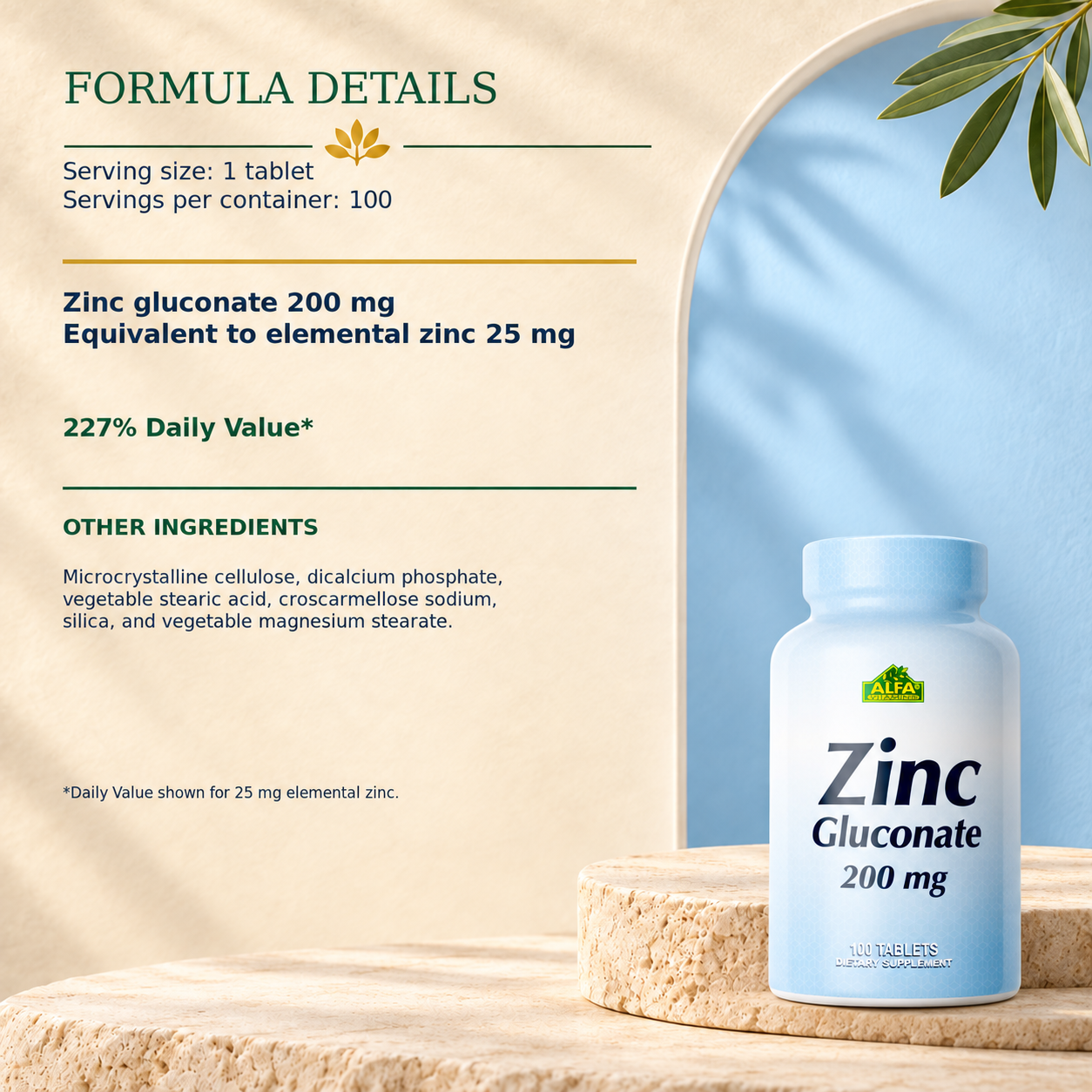 Existing Zinc Gluconate formula-details artwork with serving information and other ingredients.