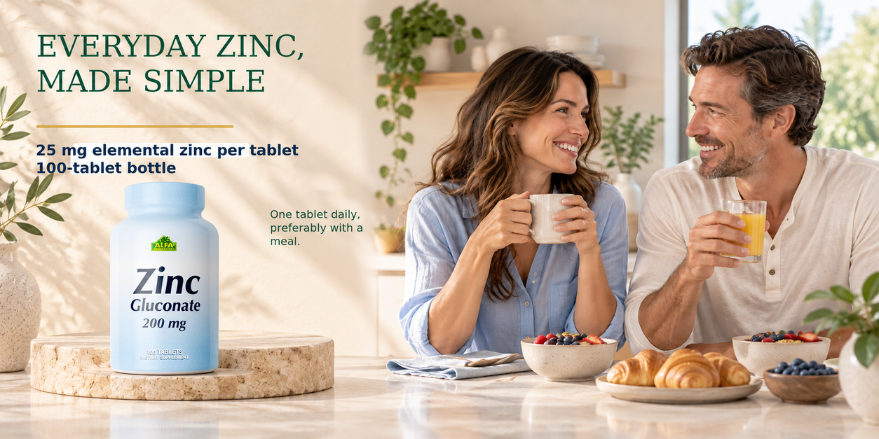 Alfa Zinc Gluconate bottle beside adults sharing breakfast.