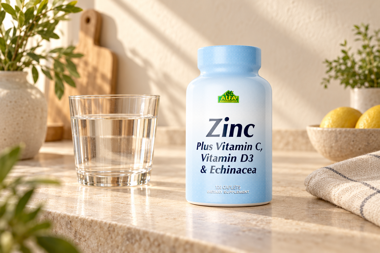 Zinc + Vitamin C, Vitamin D3 & Echinacea  - 120 Caplets in a warm naturally lit setting