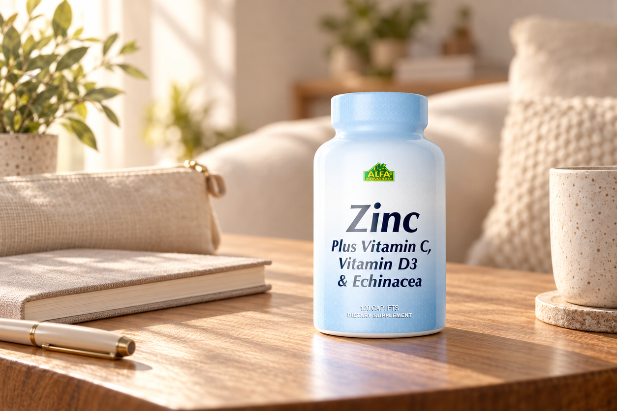 Zinc + Vitamin C, Vitamin D3 & Echinacea  - 120 Caplets in a warm naturally lit setting
