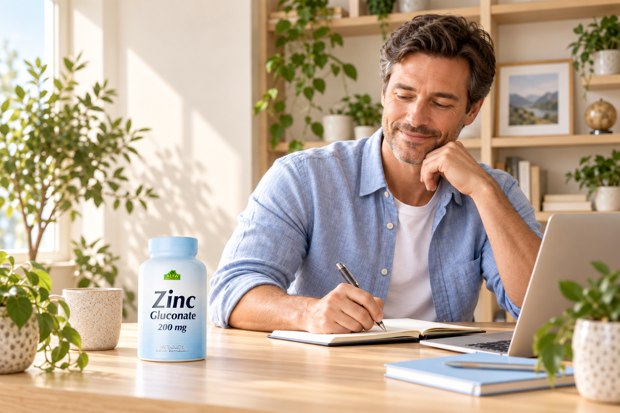 Closed Alfa Zinc Gluconate bottle beside an adult writing at a desk.