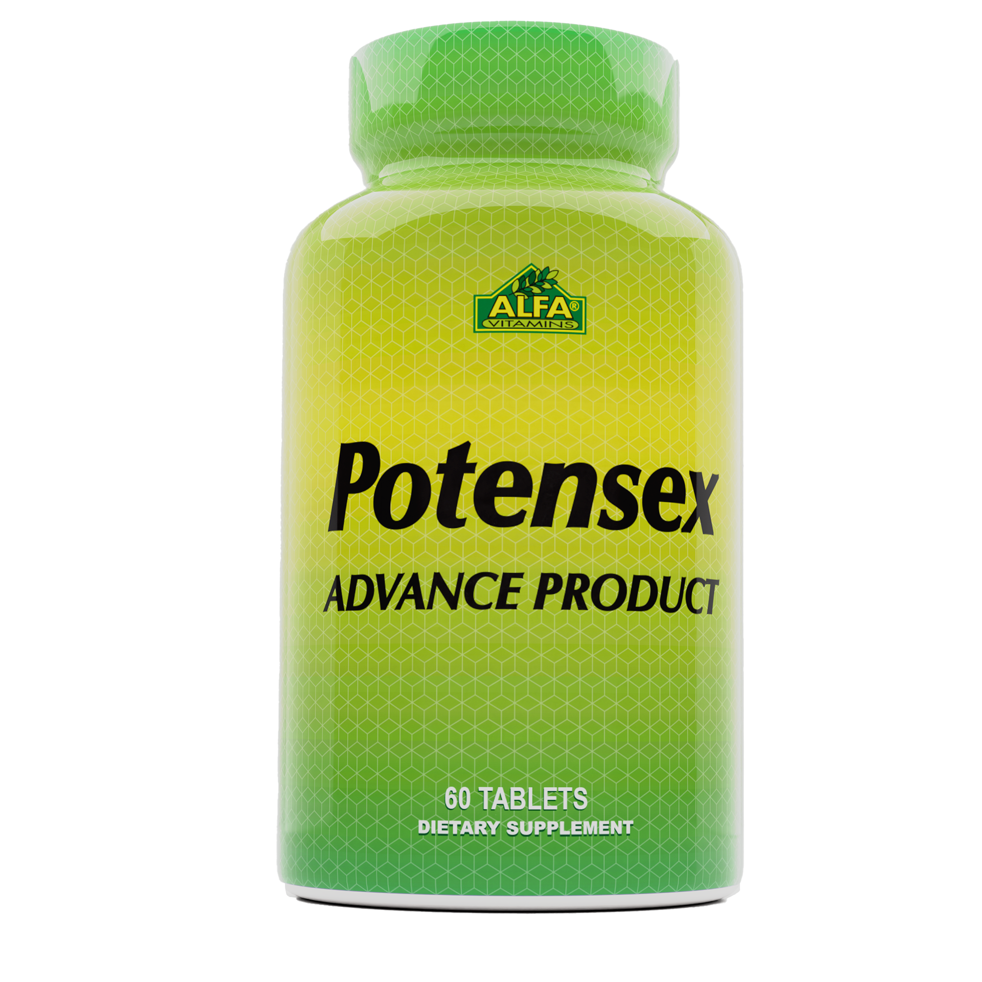 A green and yellow Potensex bottle by Alfa Vitamins contains 60 tablets for libido enhancement and sexual health.