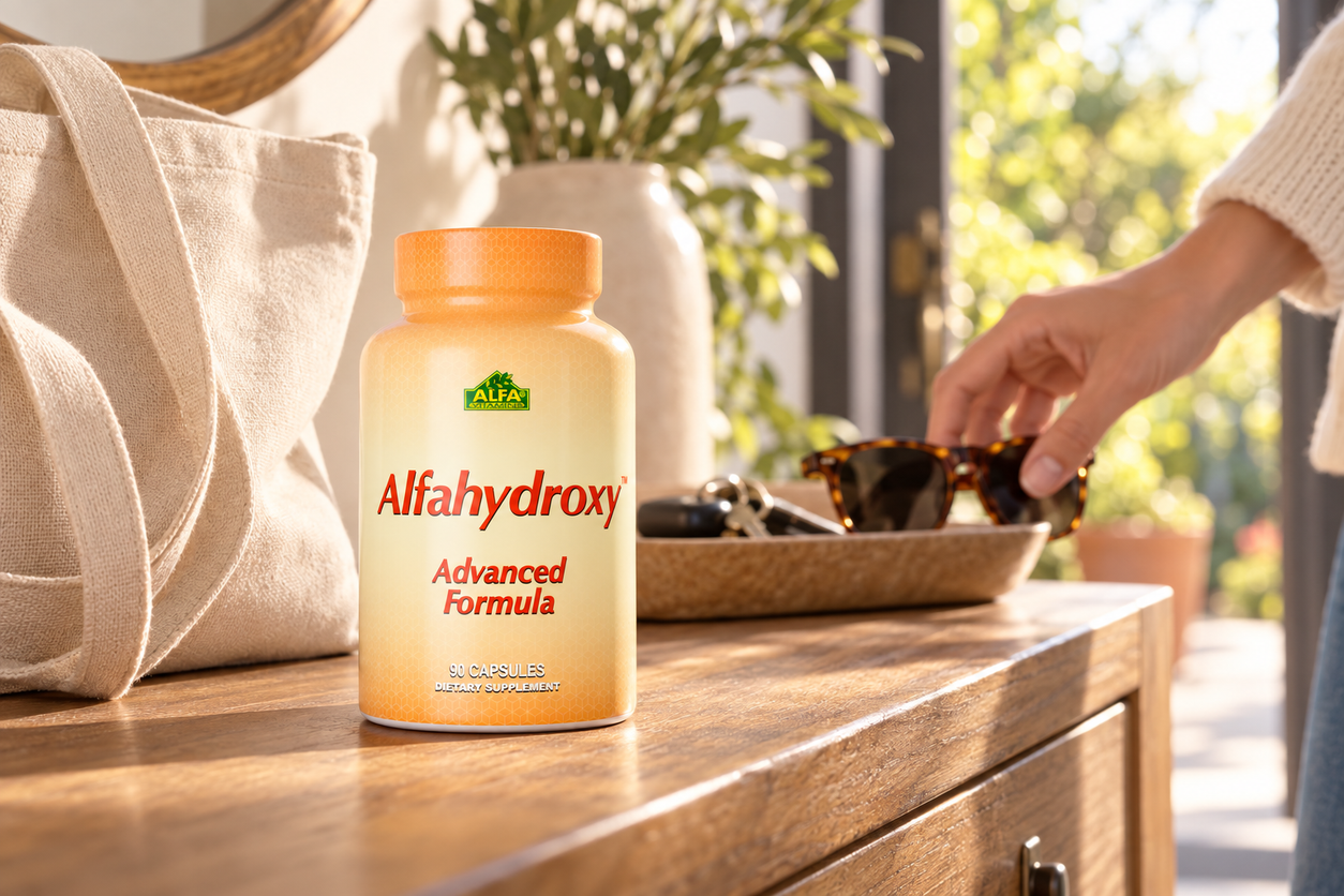 alfahydroxy 90 capsules bottle in a warm home entry setting