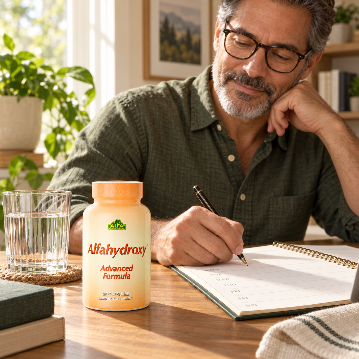 Alfahydroxy bottle in a photographic daytime routine scene.