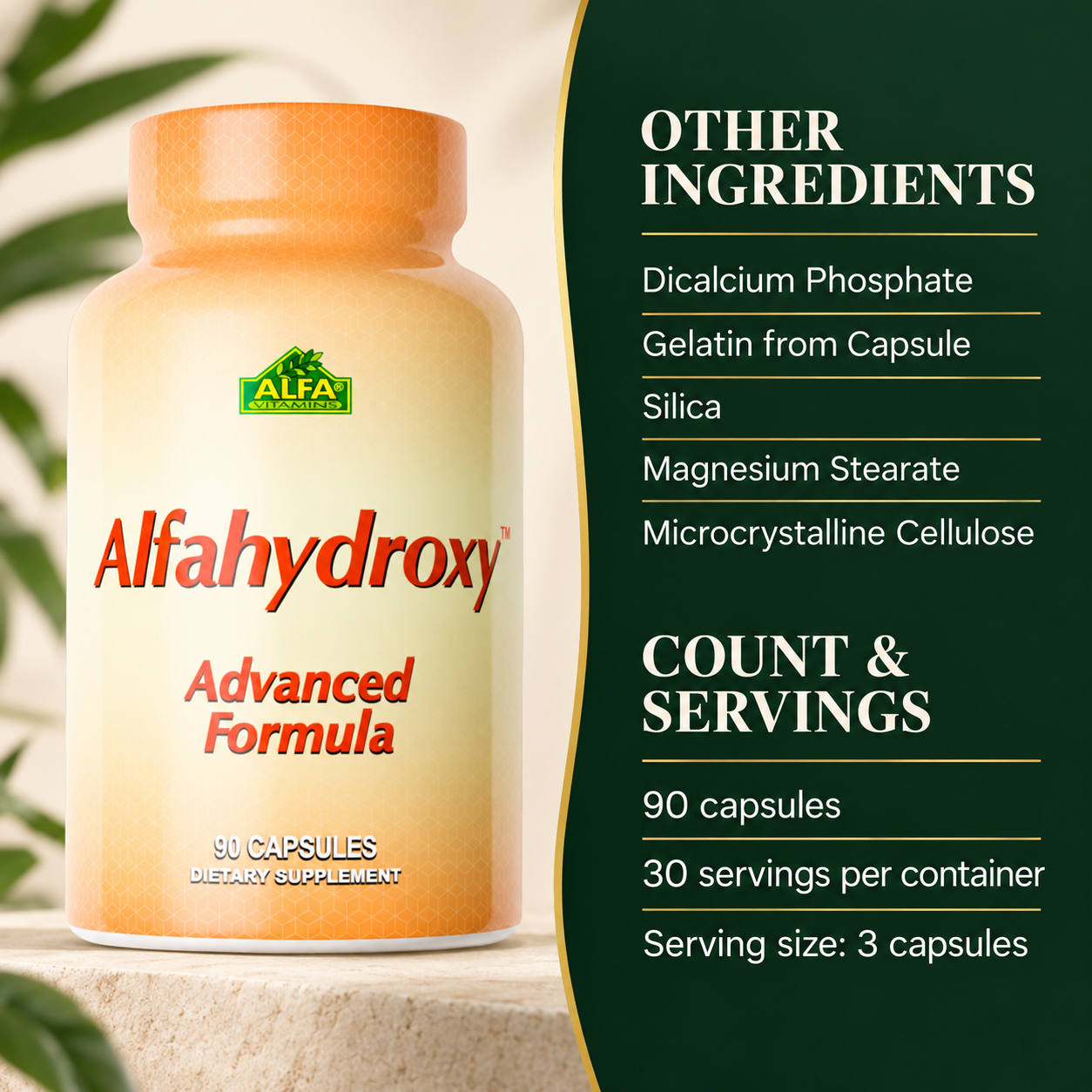 Alfahydroxy product details: 90 capsules, three-capsule serving and 30 servings per container.