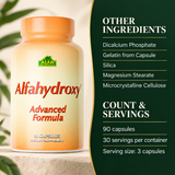 Alfahydroxy product details: 90 capsules, three-capsule serving and 30 servings per container.