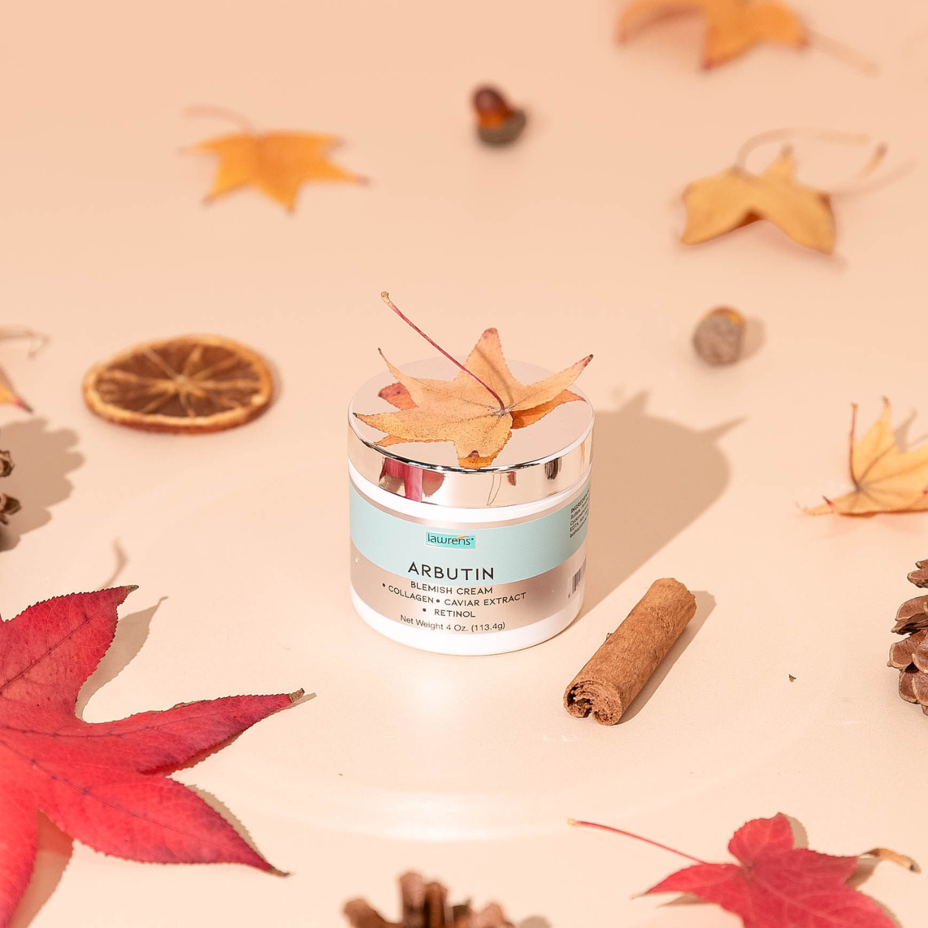 An Arbutin Cream by Lawrens Cosmetics from Alfa Vitamins Store rests on a light surface amid autumn leaves, a dried orange slice, pine cones, and a cinnamon stick, evoking a cozy fall ambiance.