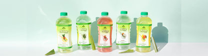 Five 34oz Alfa Vitamins Aloe Vera Drinks from a six-pack line up against a light green background, showcasing pineapple, original, strawberry, and mango flavors. Aloe leaves highlight this nourishing collection.